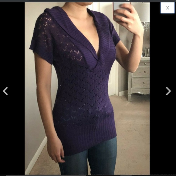 V-Neck Pointelle Wrap Shawl Collar Sweater Tunic - Picture 2 of 3